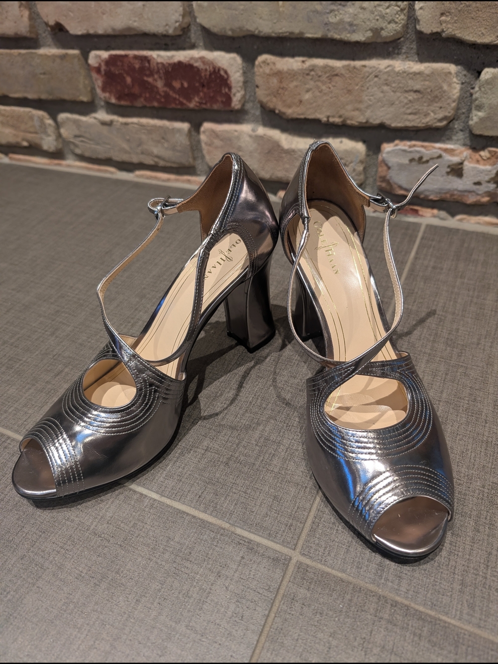 Cole Haan Silver Metallic T-Strap Peep-Toe Block Heels